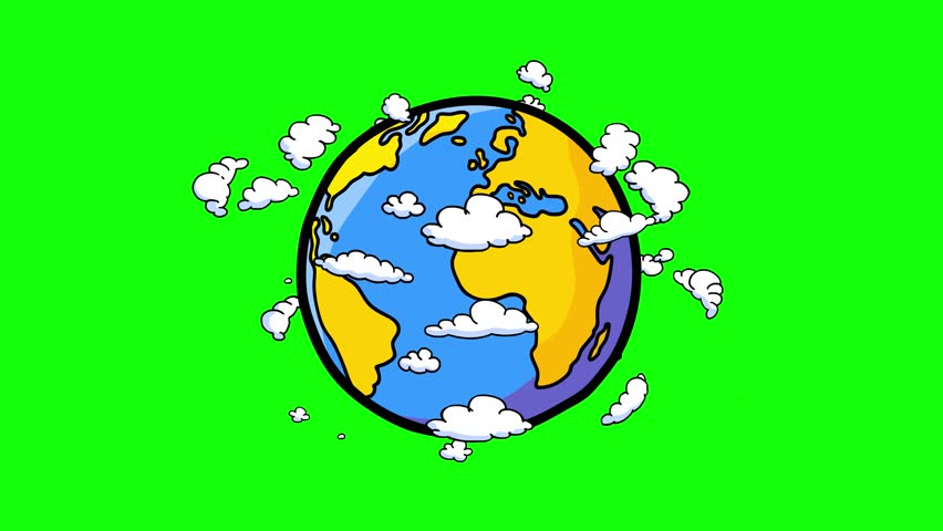 Earth globe with moving clouds cartoon isolated animation. Earth day. Fully hand drawn, dynamic, cartoon with black outline on green background good for keying. Seamless loop. - Powered by Shutterstock - Get 15% off with code: PIKWIZARD15