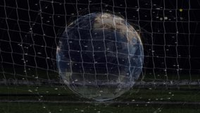 Animation of networks of connections and globe over football goalkeeper. global sports, technology, digital interface and connections concept digitally generated video.