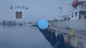 Animation of network of connections over drone with parcel over harbor. global shipping, business, digital interface, technology and networking concept digitally generated video. - Powered by Shutterstock - Get 15% off with code: PIKWIZARD15