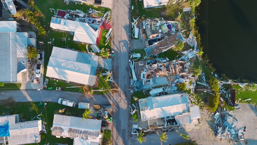 Severely damaged houses after hurricane Ian in Florida mobile home residential area. Consequences of natural disaster Royalty-Free Stock Footage #1101875747