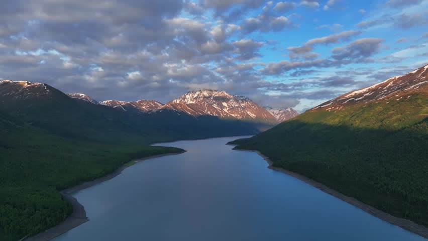 Peaceful Nature Landscape Of Flathead River Near Glacier National Park In Montana, USA. Aerial Wide Shot
