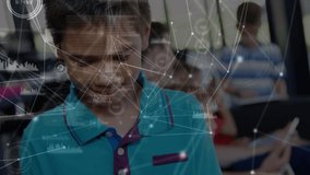 Animation of network of connections with statistics over smiling schoolboy. global education, digital interface, technology and networking concept digitally generated video.