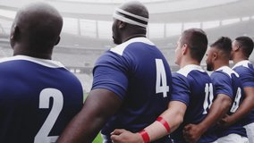 Animation of networks of connections over rugby players. global sports, technology, digital interface and connections concept digitally generated video.