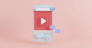 3d animation 4K. Phone with message, play icons and Communication concept on pink background. Social network concept. 3D Cartoon video for web sites and banners design.