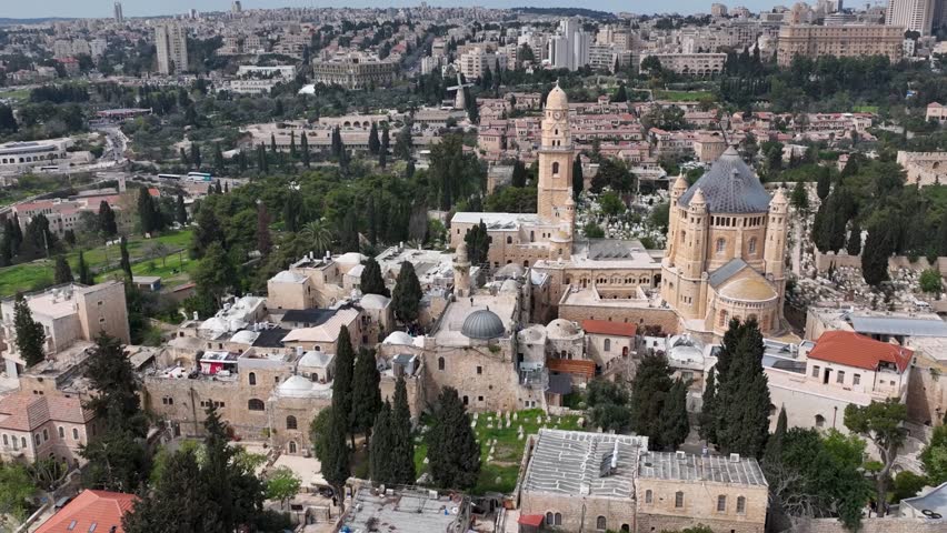 Aerial view over Church  Monastery of the Dormition Jerusalem
Drone view from Old city of Jerusalem, 4K, march, 2023

