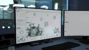 Inside a laboratory. Two computer monitors with keyboards. DATA and 3D images of a group of viruses. Covid-19. Analysis and research about the structure of the virus. Advanced biomedical software - Powered by Shutterstock - Get 15% off with code: PIKWIZARD15