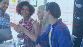 Animation of white lines data processing over business people handshake. global business, digital interface, technology and networking concept digitally generated video. - Powered by Shutterstock - Get 15% off with code: PIKWIZARD15