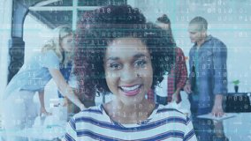 Animation of binary coding data processing over smiling businesswoman. global business, digital interface, technology and networking concept digitally generated video. - Powered by Shutterstock - Get 15% off with code: PIKWIZARD15