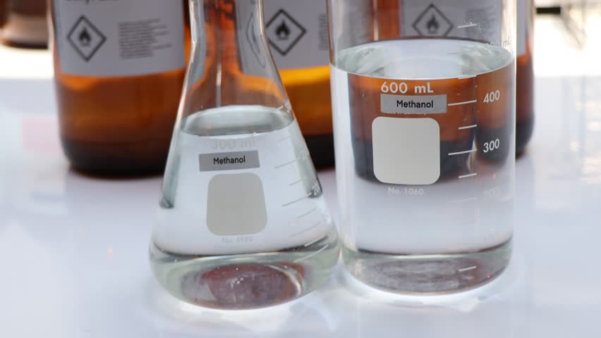 Methanol in glass,Hazardous chemicals and symbols on containers in industry or laboratory  | Shutterstock HD Video #1101882581