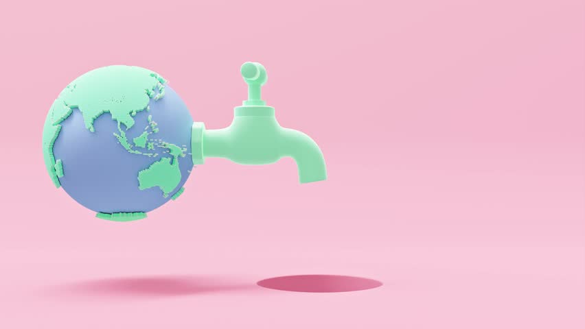 Water tap, Faucet from Earth globe green-blue pastel color on pink background. Water coming out of the faucet into the floor pipe below. Designed in minimal concept. Animation, 3D Render. | Shutterstock HD Video #1101884657