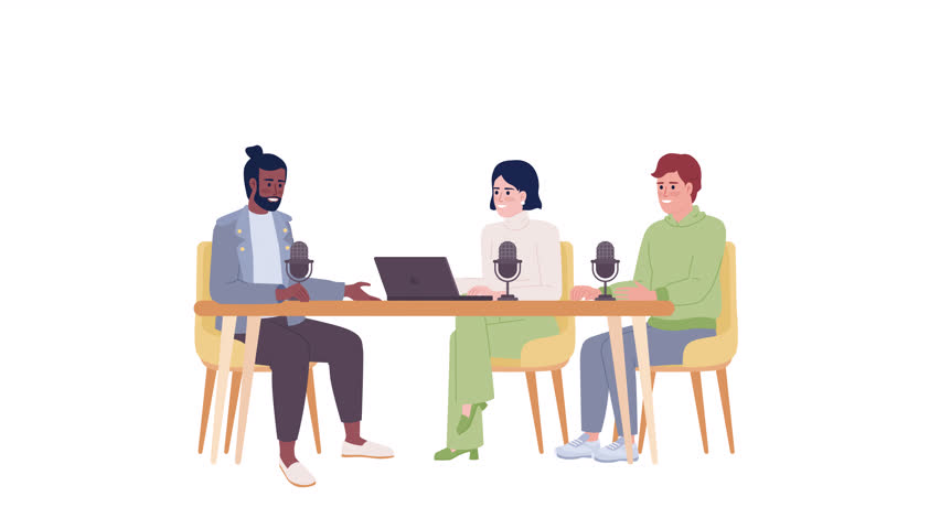 Animated three-person podcast setup. Hosts interviewing celebrity guest. Flat characters animation on white background with alpha channel transparency. Color cartoon style 4K video footage