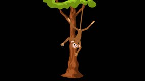 cartoon monkey hanging on tree icon loop Animation video transparent background with alpha channel.