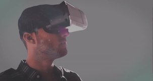 Animation of scope scanning and man wearing vr headset. global data processing, communication, digital interface, technology and networking concept digitally generated video.