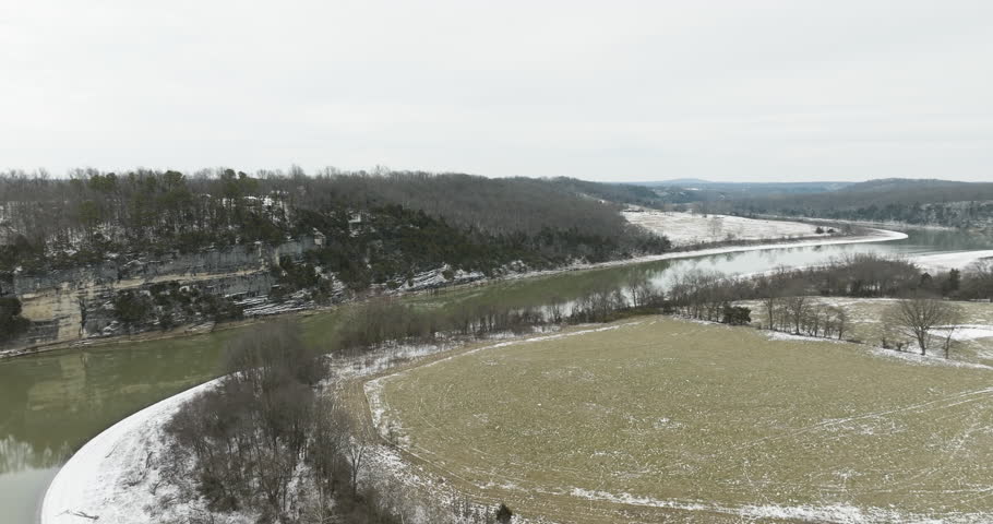 Flying On The River Along Neills Bluff In Washington County, Arkansas, United States. Aerial Drone