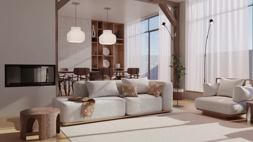 Slow rotating shot revealing a living room and beautiful modern dining room