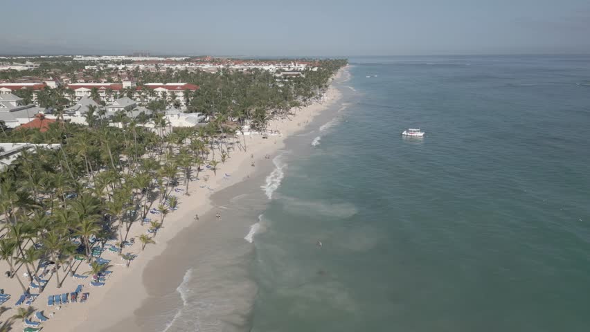 Aerial shot of waves, beach and palm trees on sunny day, Bavaro Beach, Punta Cana, Dominican Republic, West Indies, Caribbean, Central America