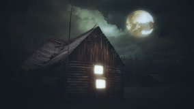 Moonlight Wooden Hut Dark Forest Spooky Full Moon. Full moon on a cloudy sky above a wooden hut in a dark forest, eerie scene - Powered by Shutterstock - Get 15% off with code: PIKWIZARD15