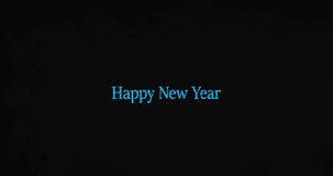 Animation of happy new year text in blue with blue new year fireworks and gold confetti in night sky. new year, celebration, party and tradition concept digitally generated video.