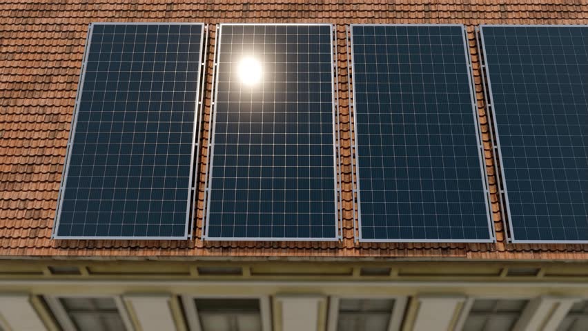 View of solar panels (solar cell) in the roof house with sunlight.Photovoltaic panels on the roof . Roof Of Solar Panels.  | Shutterstock HD Video #1101896195