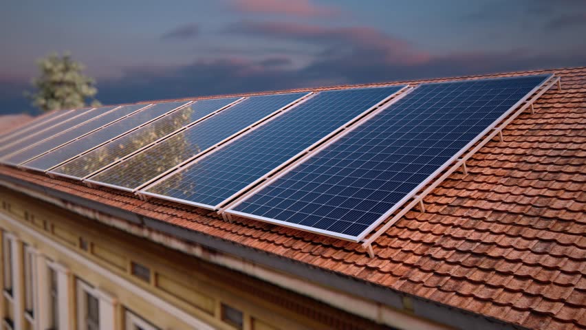 View of solar panels (solar cell) in the roof house with sunlight.Photovoltaic panels on the roof . Roof Of Solar Panels.  | Shutterstock HD Video #1101896207