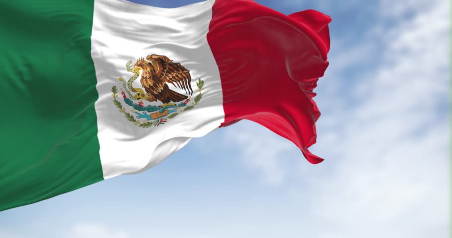 Mexican national flag waving. Vertical tricolor of green, white, and red with national coat of arms in the center. 3d render animation. Slow motion. Seamless loop. Selective focus.