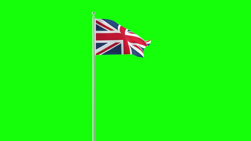 4k Animation develops in wind over United Kingdom, green chromakey. Waving in the wind cartoon United Kingdom, flag. United Kingdom, flag with fabric structure in the wind, with an alpha channel (semi
