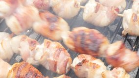 Meat brochettes grill and fire close-up 4K 3840X2160 UltraHD footage - Mixed meat skewers on barbecue slow grilling on smoke 4K 2160p UHD video
