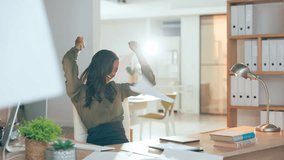 Employee, celebration and Indian woman throw papers, promotion and excited for profit growth, new project and success. Female entrepreneur, ceo or consultant with documents in the air, joy and goals - Powered by Shutterstock - Get 15% off with code: PIKWIZARD15