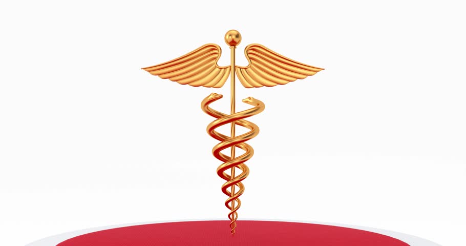 4k Resolution Video: Gold Medical Caduceus Symbol over Ceremony Award Stage on Red Carpet with Golden Rope Barriers on a white background with luma Matte