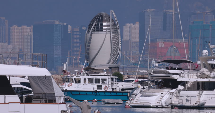 Big White Yachts In The Port In The Center, Hong Kong