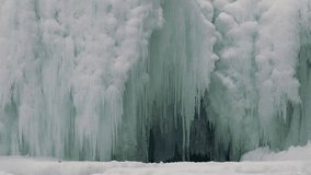 Iceland. Close-up of Frozen Waterfall with Icy Rocks and Flowing Down Water. Frozen winter landscape with snow and ice. Magical nature winter. Pure glacial water. Famous tourist attraction. - Powered by Shutterstock - Get 15% off with code: PIKWIZARD15