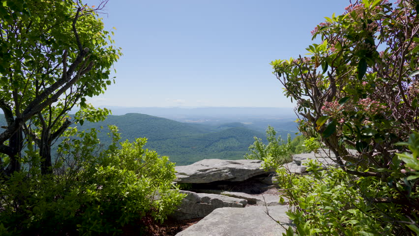 A view of the Shenandoah Valley from the summit of Big Schloss, a geological feature on Great North Mountain, situated on the border between Virginia and West Virginia, on a summer day.
