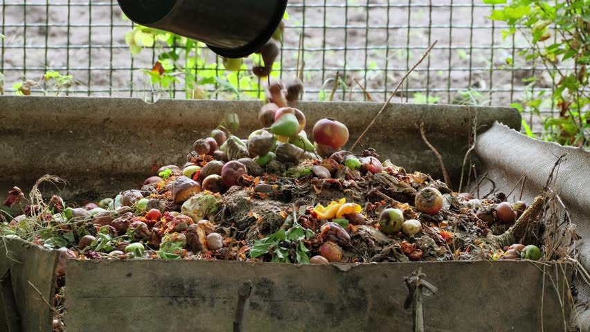 Bio-waste recycling. Compost bin with organic waste. Bio food waste composting bin. Biodegradable material, organic recycling concept. Separate waste collection