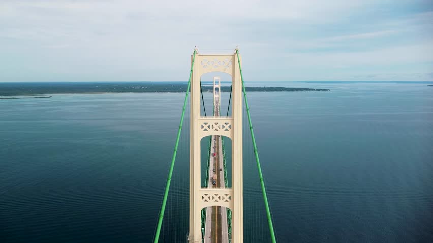 Aerial fly to Mackinac Bridge South Tower, Michigan Royalty-Free Stock Footage #1101910635