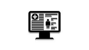 Black Medical clinical record on monitor icon isolated on white background. Health insurance form. Prescription, medical check marks report. 4K Video motion graphic animation.