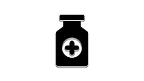 Black Medicine bottle icon isolated on white background. Bottle pill sign. Pharmacy design. 4K Video motion graphic animation.