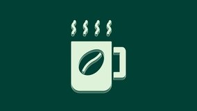 White Coffee cup icon isolated on green background. Tea cup. Hot drink coffee. 4K Video motion graphic animation.