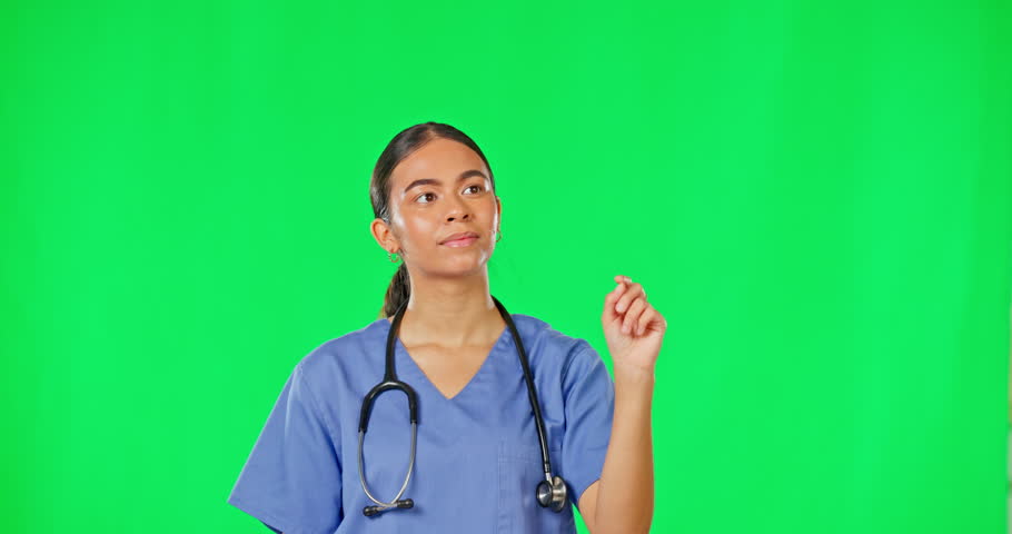 Healthcare, green screen and woman doctor, interface and information or advice on health care. Help, medicine and medical professional vr presentation of hospital chromakey background with mockup. | Shutterstock HD Video #1101913707