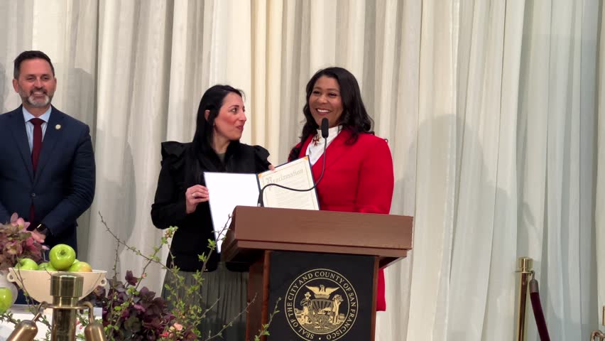 San Francisco, CA - March 24, 2023: 4K HD video of Mayor London Breed speaking at Nowruz celebration at City Hall. The Iranian or Persian New Year celebrated by various ethnicities worldwide.
