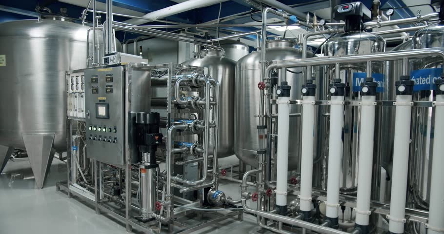 Industrial equipment for water purification. Water purification system equipment. Interior of water treatment plant. Facility for purification of drinking water. Royalty-Free Stock Footage #1101915055