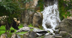 Giant Panda, ailuropoda melanoleuca, Adult walking past a waterfall, Real Time 4K