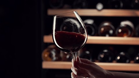 Close up female hand swirling red wine in wine glass. Wine expert tasting, rating and drinking wine, bottles in background. Slow motion video. วิดีโอสต็อก