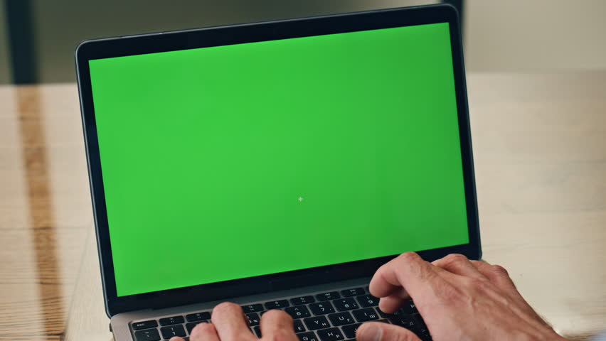 Businessman hands working mockup computer indoors close up. Unrecognizable boss typing chromakey laptop keyboard writing business email. Employee fingers pressing buttons browsing internet remotely