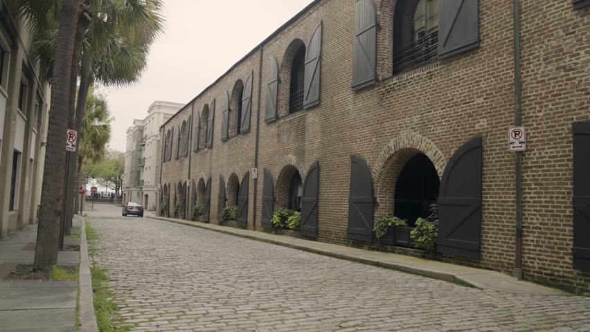 Charleston South Carolina Street with Palm Trees Cobblestone road
