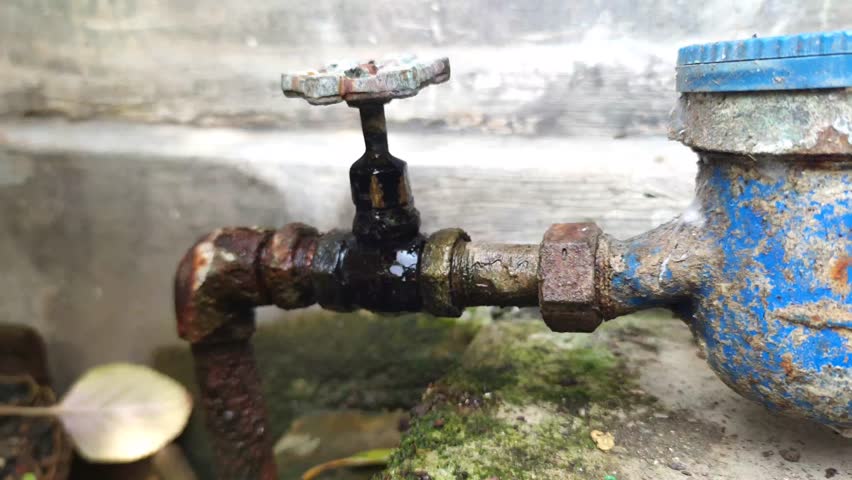 Water drips and leaks through the rusty brass gate valve. The dirty blue water meter is next to that gate valve. Royalty-Free Stock Footage #1101927533