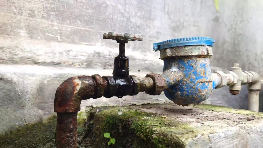 Water drips and leaks through the rusty brass gate valve. The dirty blue water meter is next to that gate valve. Royalty-Free Stock Footage #1101927535