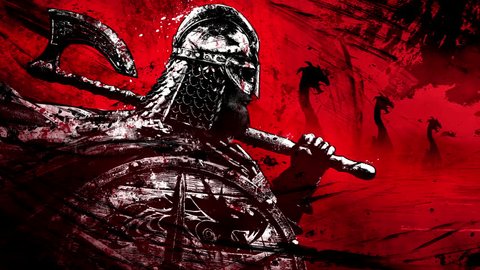 Viking in a helmet with a shield and an axe stands proudly in profile on a drakkar, on a bloody stained background with ships with a figure on the bow in the form of dragons. clean looped 2d animation: film stockowy