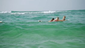 Young multiracial women surfers rowing on surfboards and riding waves in the sea at tropical beach at sunrise. Girl friends enjoy outdoor lifestyle and water sport surfing on summer. 3D Illustration - Powered by Shutterstock - Get 15% off with code: PIKWIZARD15