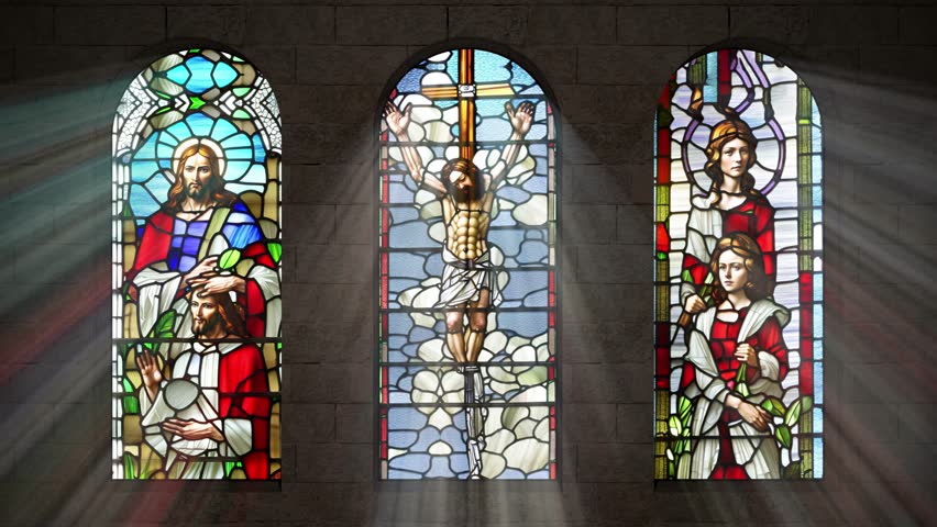 A slow camera zoom into a Church with stained glass windows and light rays penetrating from behind. - Powered by Shutterstock - Get 15% off with code: PIKWIZARD15