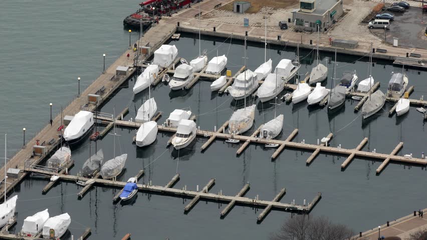 Downtown Toronto, Ontario, Canada. Aerial view of the Marina Quay West in downtown Toronto near Toronto Music Garden. Yachts on the water